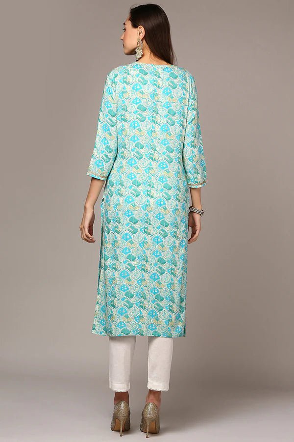 Turquoise Blue Viscose Rayon Ethnic Motifs Straight Kurta - DWEEP SARA