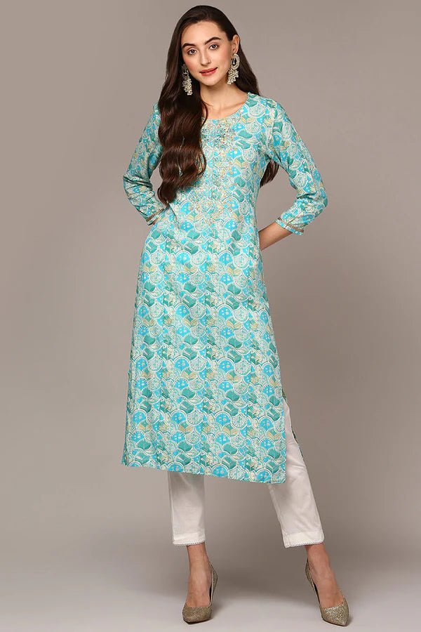 Turquoise Blue Viscose Rayon Ethnic Motifs Straight Kurta - DWEEP SARA
