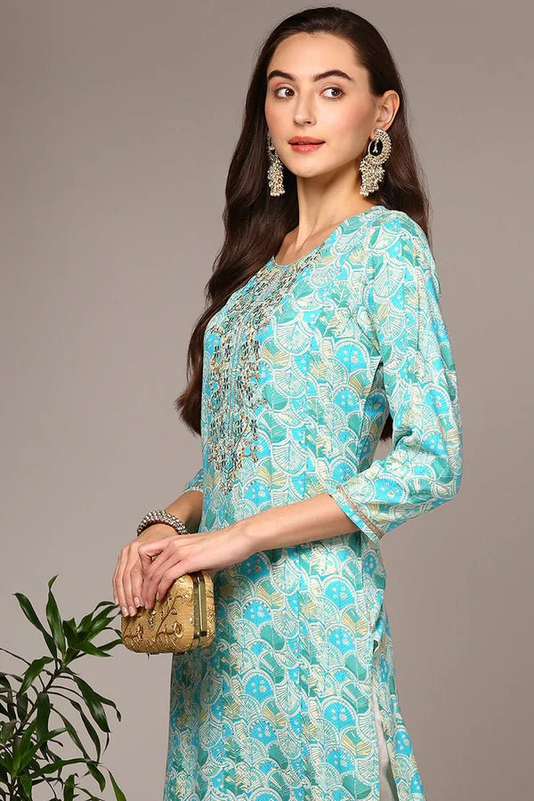 Turquoise Blue Viscose Rayon Ethnic Motifs Straight Kurta - DWEEP SARA