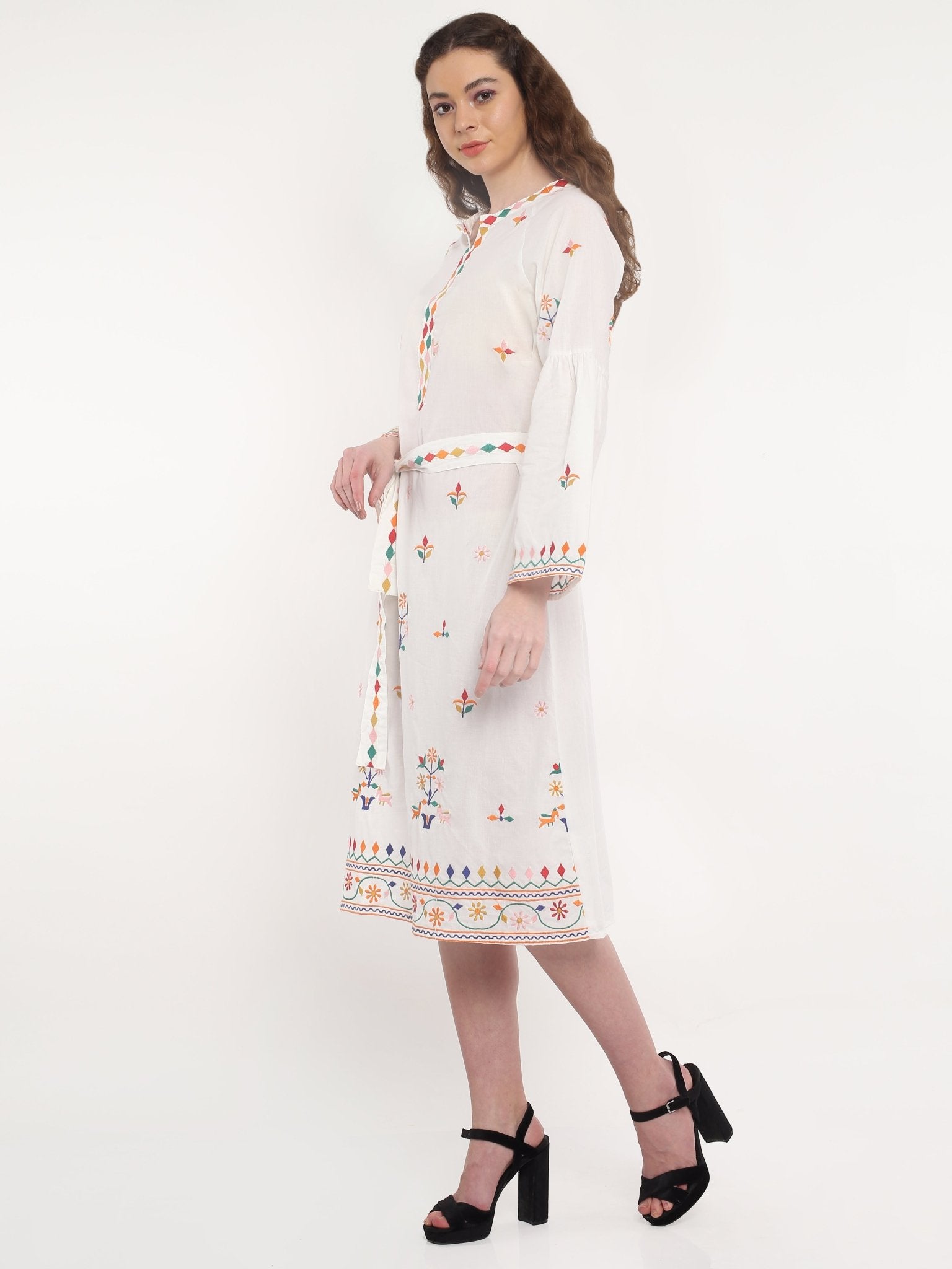 White Embroidery Cotton Ladies Dress - DWEEP SARA