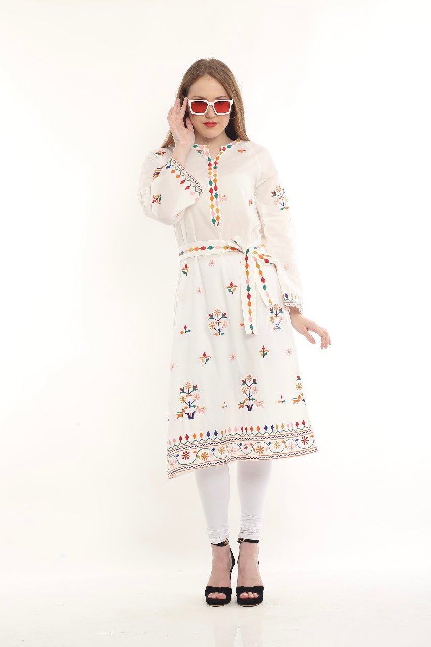 White Embroidery Cotton Ladies Dress - DWEEP SARA