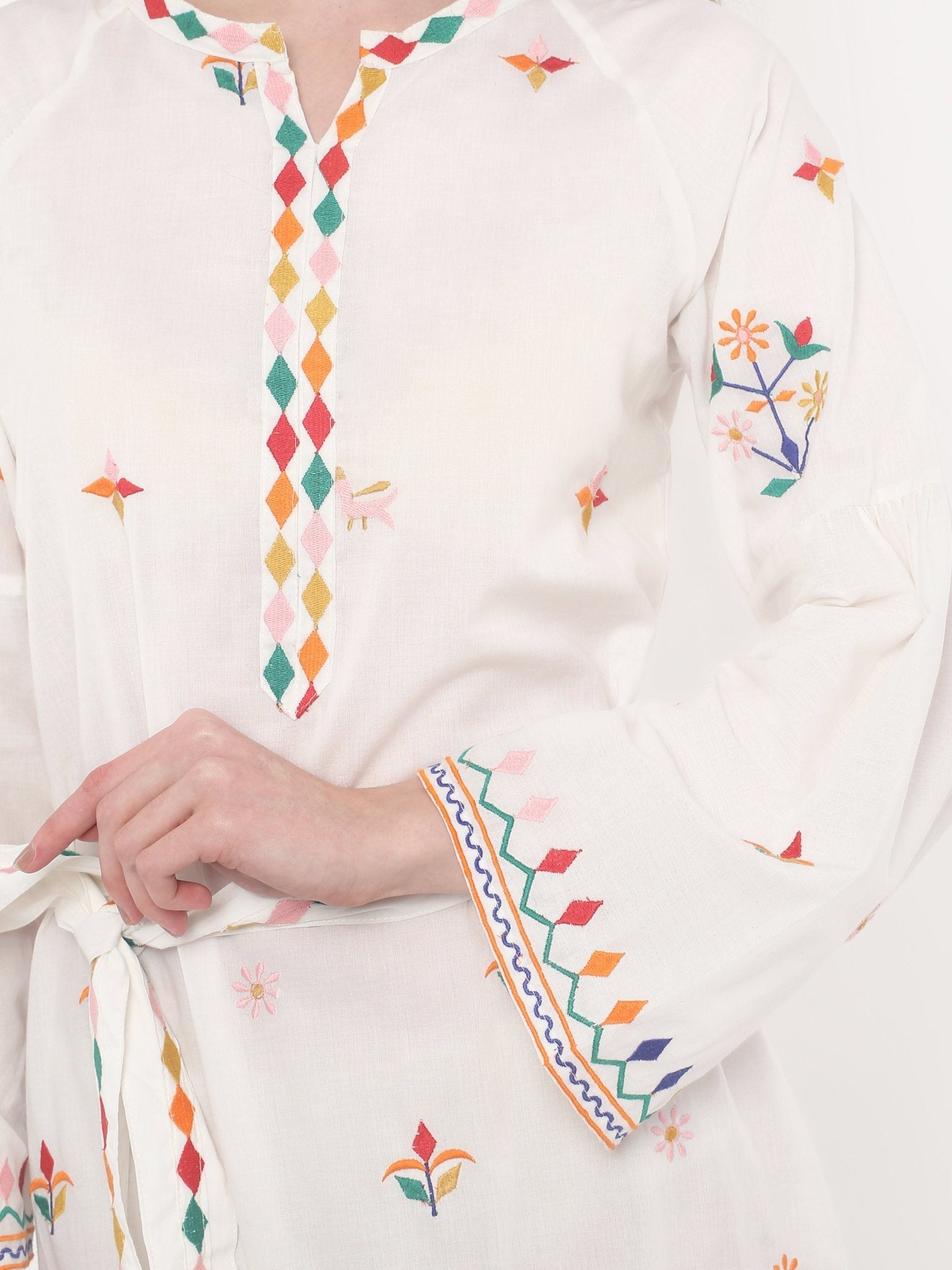 White Embroidery Cotton Ladies Dress - DWEEP SARA