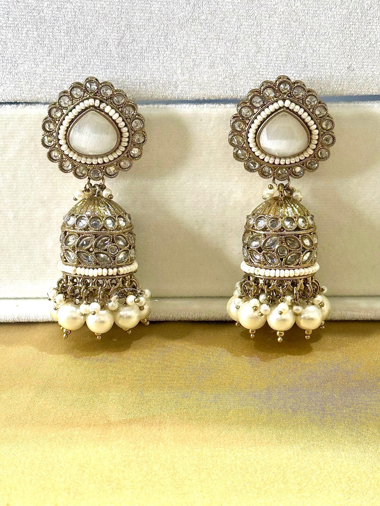 White Kundan Stone Pearl Jhumki Earrings - DWEEP SARA