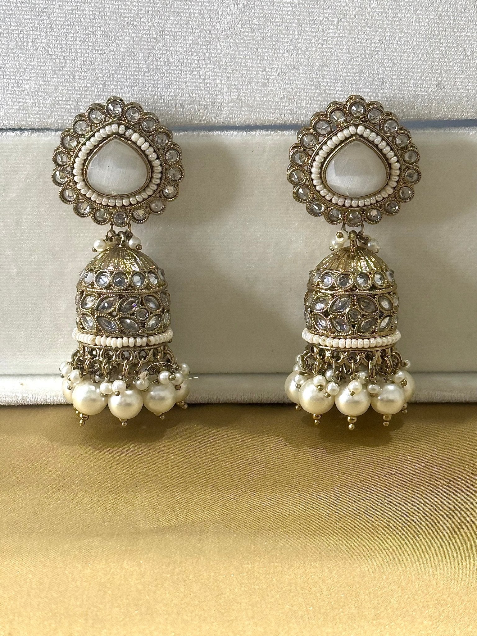 White Kundan Stone Pearl Jhumki Earrings - DWEEP SARA