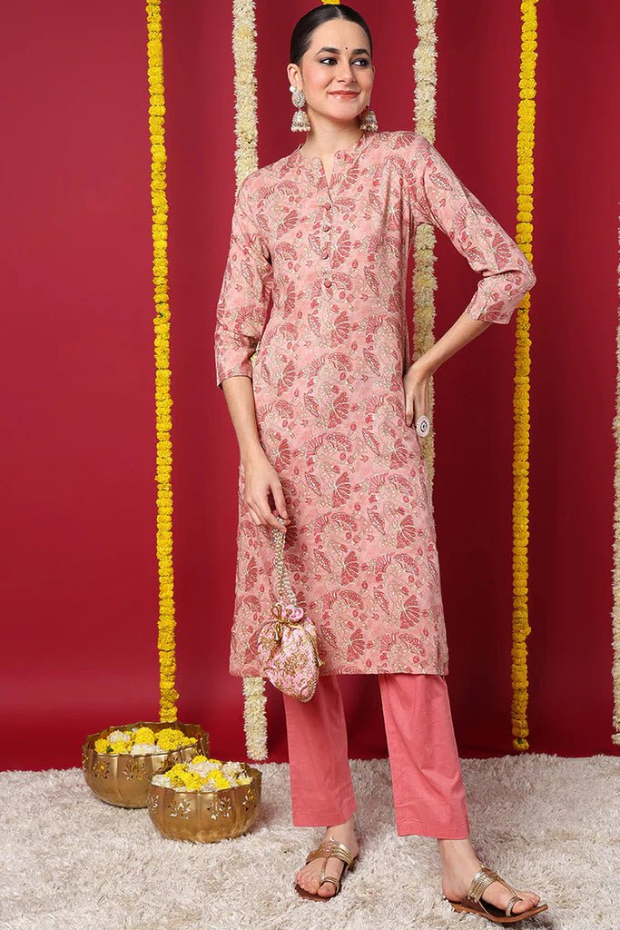 Women’s Peach Viscose Rayon Floral Printed Straight Kurta – Elegant Daily & Festive Ethnic Wear | 3/4 Sleeves | Viscose Rayon - DWEEP SARA