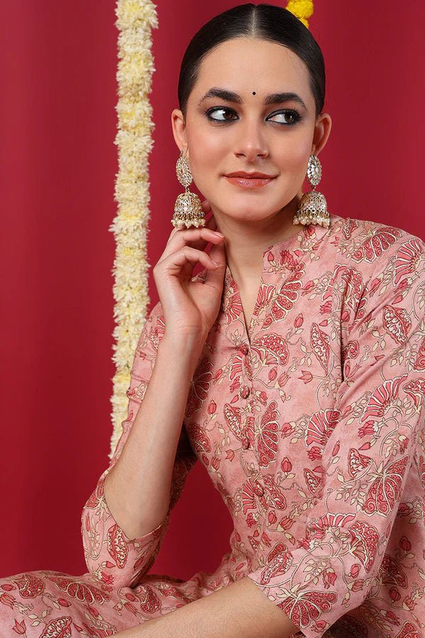 Women’s Peach Viscose Rayon Floral Printed Straight Kurta – Elegant Daily & Festive Ethnic Wear | 3/4 Sleeves | Viscose Rayon - DWEEP SARA