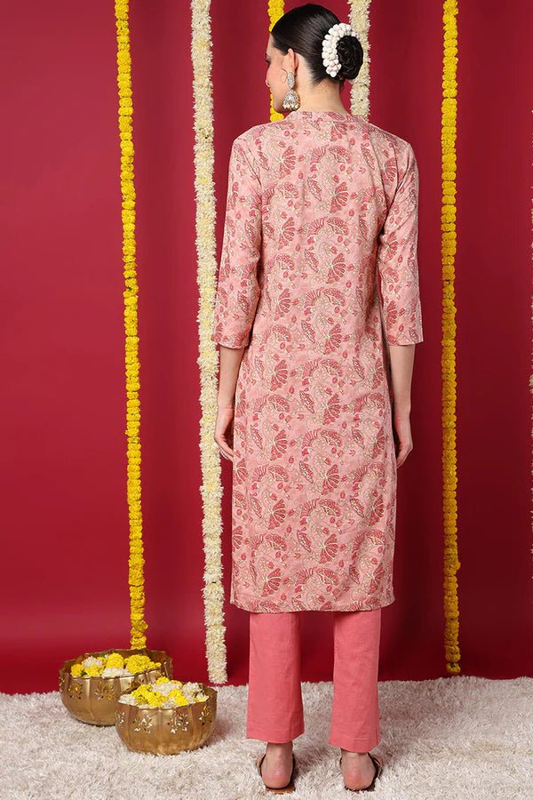 Women’s Peach Viscose Rayon Floral Printed Straight Kurta – Elegant Daily & Festive Ethnic Wear | 3/4 Sleeves | Viscose Rayon - DWEEP SARA