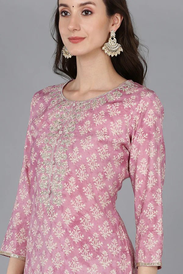 Women's Pink Silk Blend Embroidered Straight Kurta with Ethnic Motifs – Festive & Traditional Wear | 3/4 Sleeves | Elegant Indian Tunic - DWEEP SARA