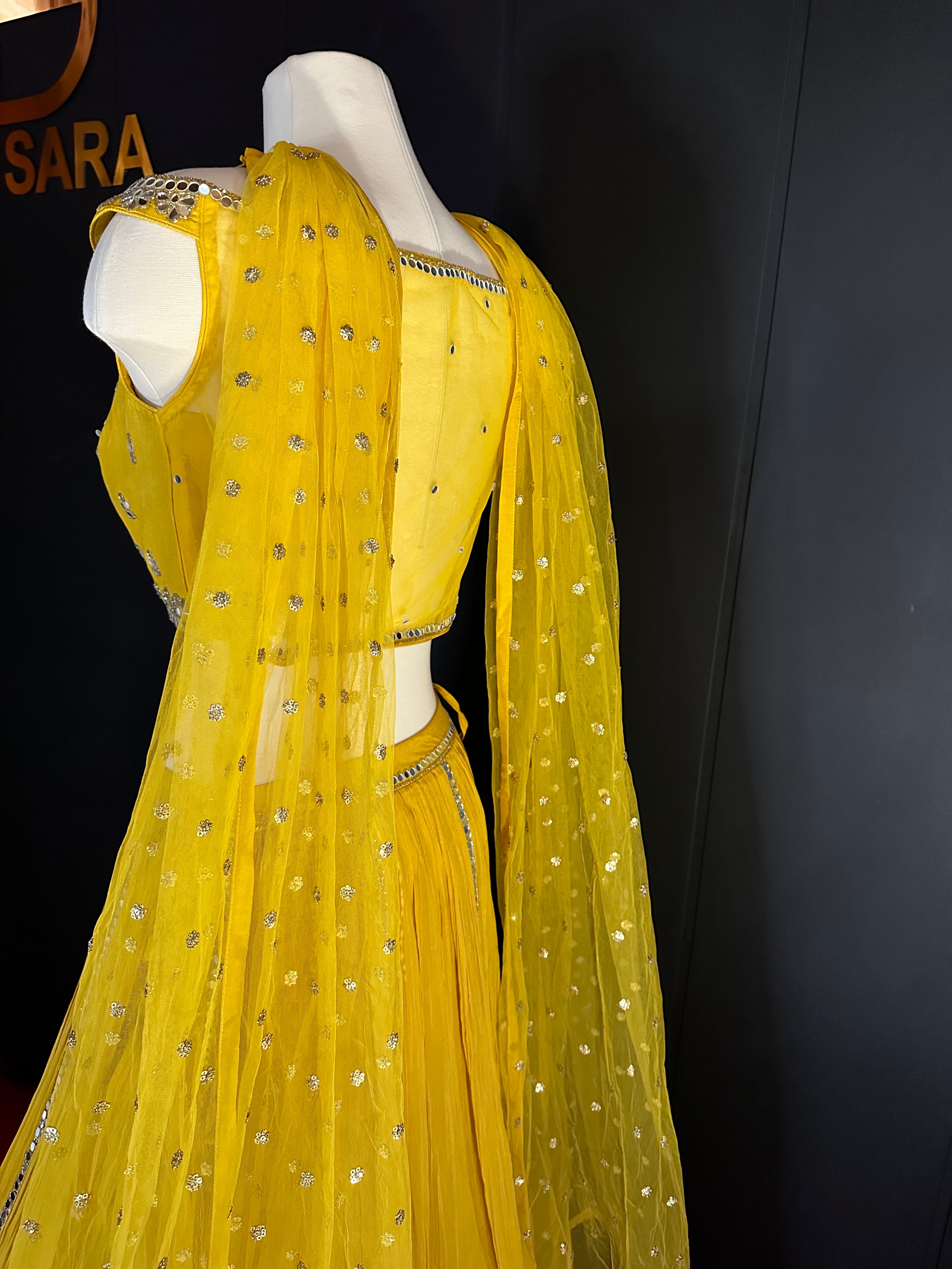 Yellow Mirror Work Off Shoulder Lehenga Set