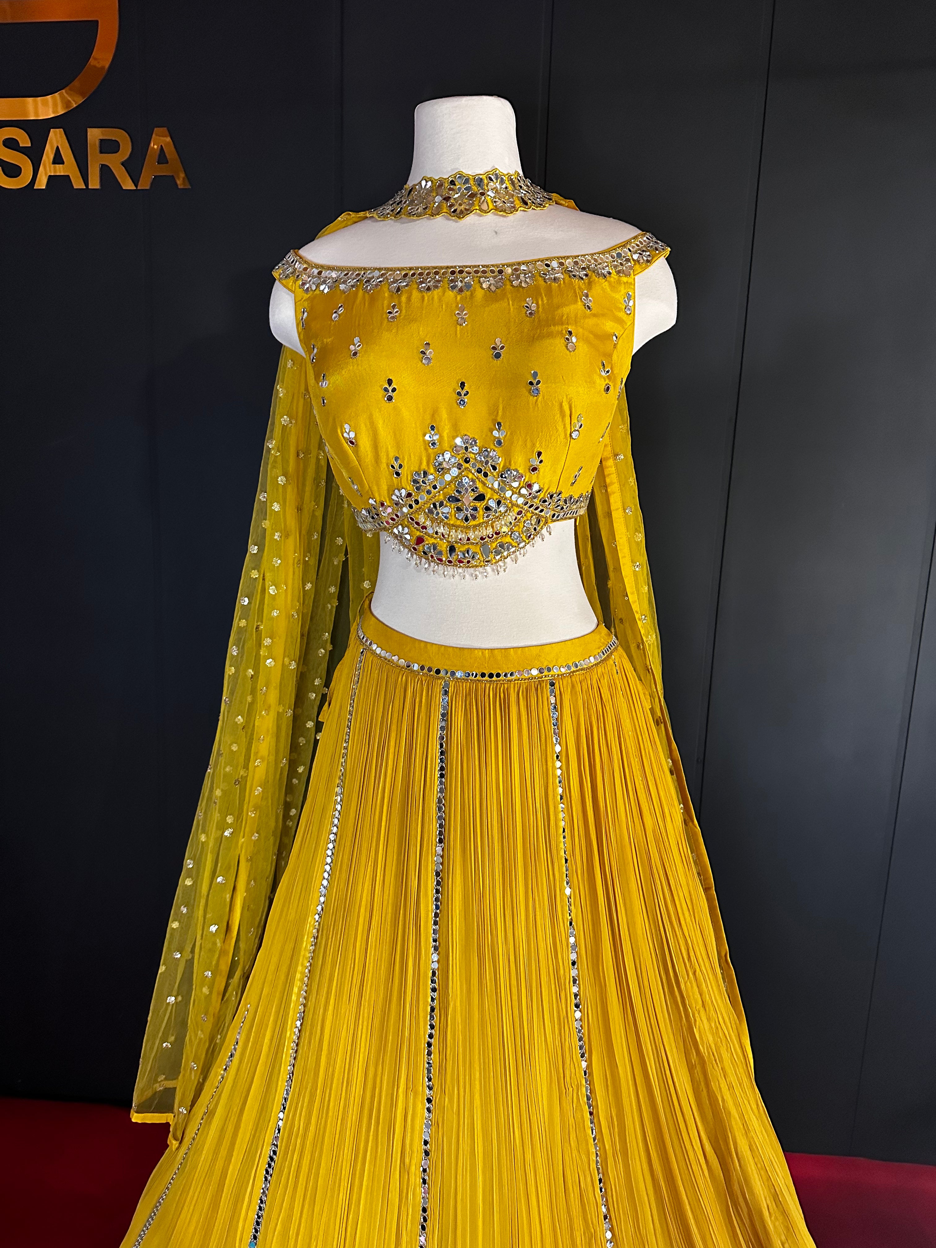 Yellow Mirror Work Off Shoulder Lehenga Set