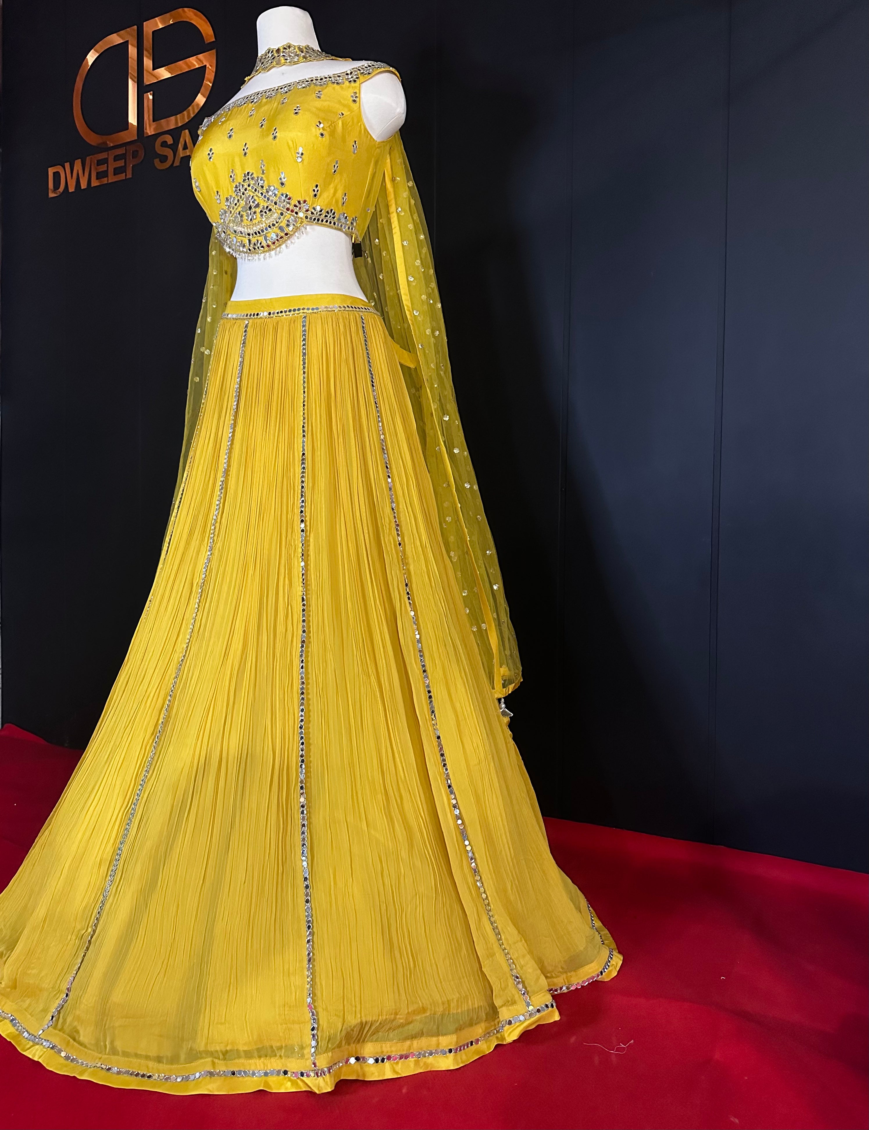 Yellow Mirror Work Off Shoulder Lehenga Set