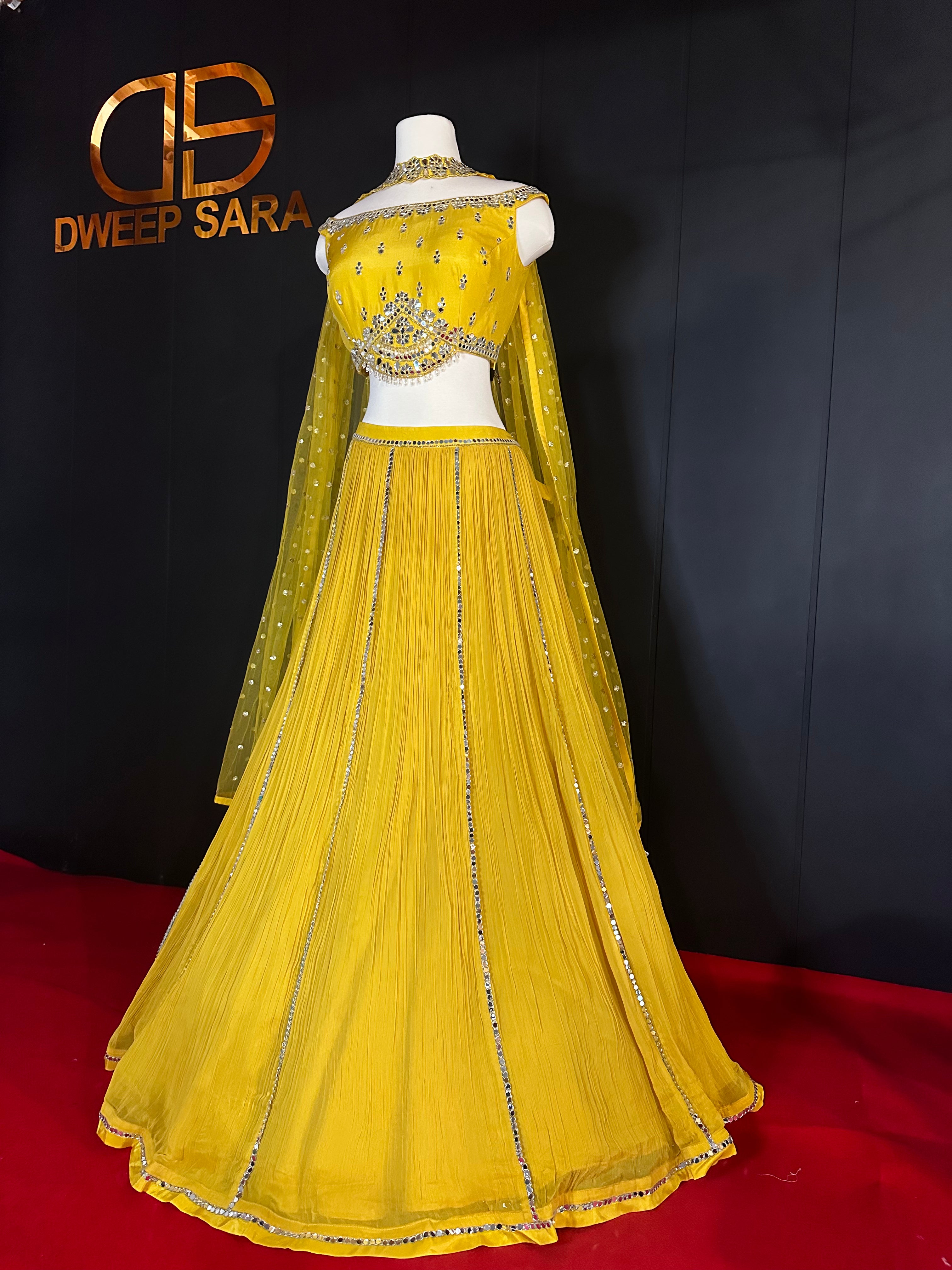 Yellow Mirror Work Off Shoulder Lehenga Set