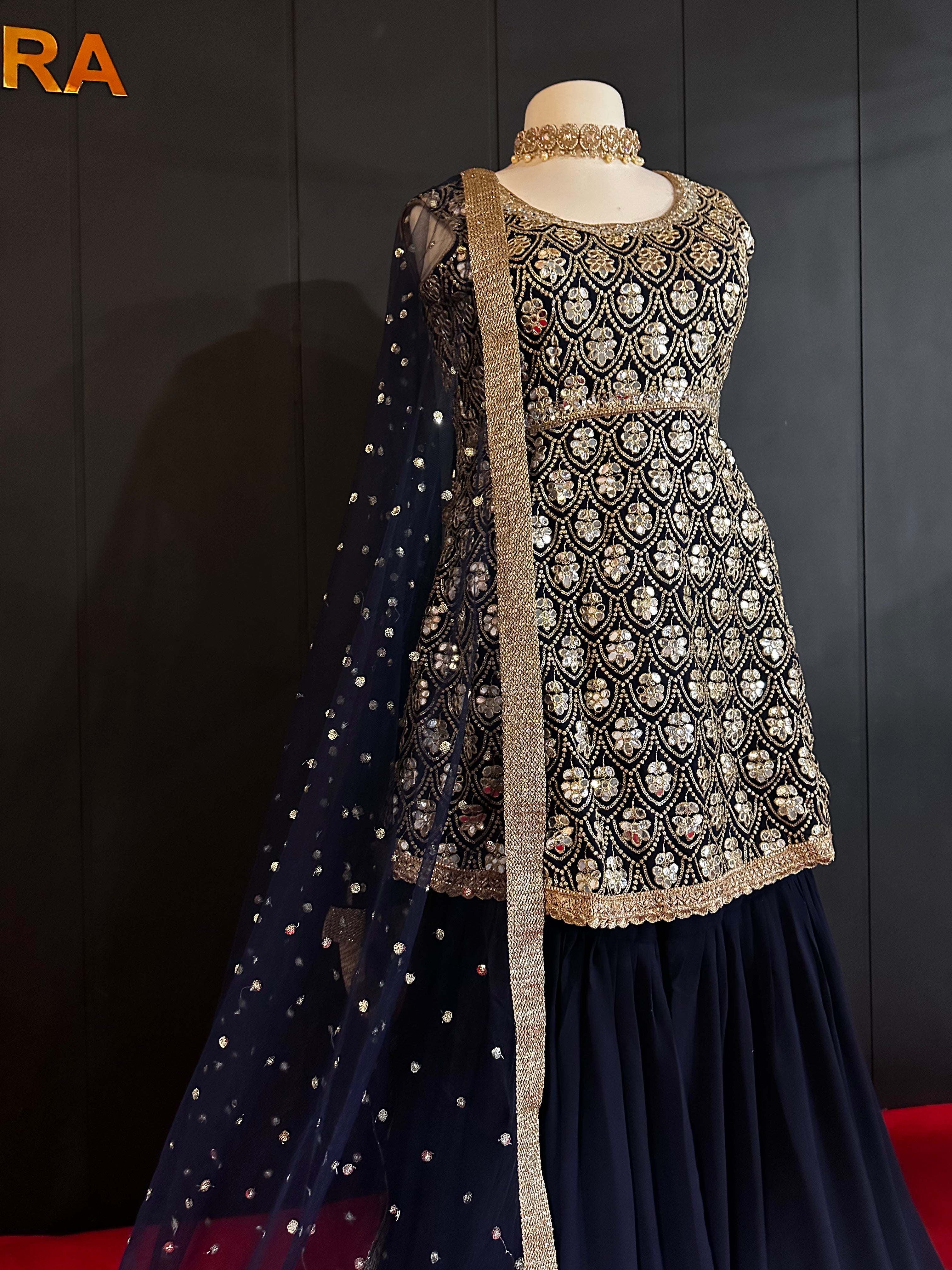 Navy Blue Heavy Embroidered Mirror Work Sharara set